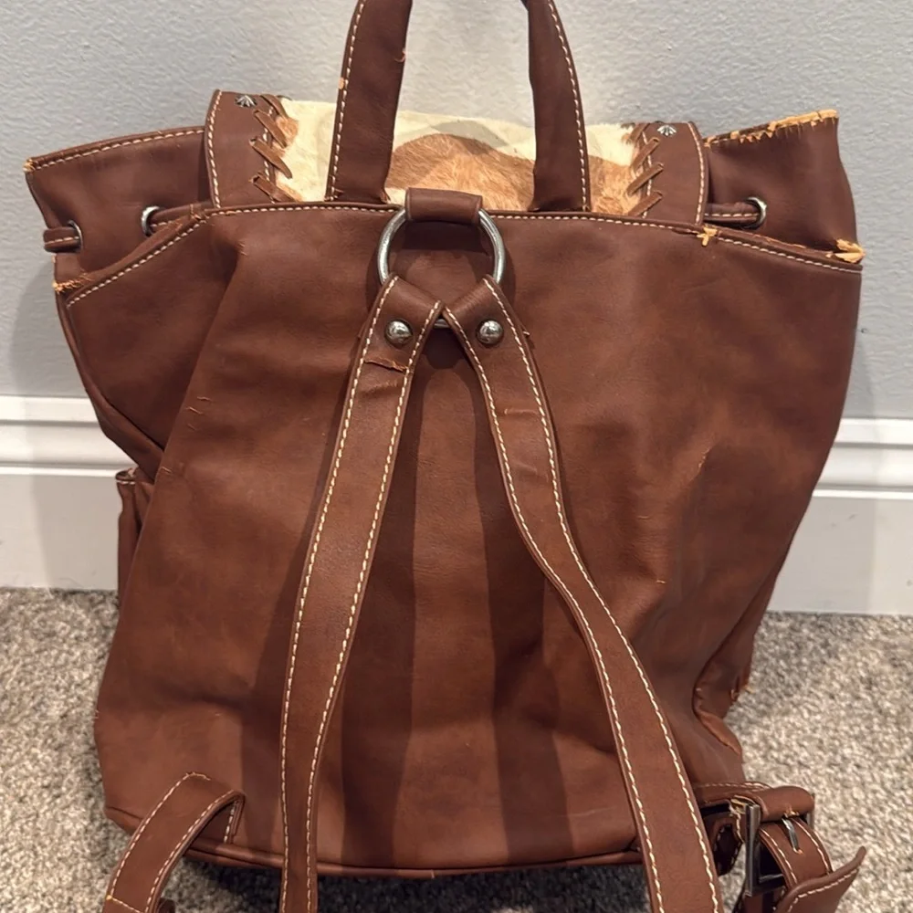 Cream and Brown Genuine Cowhide Leather Western Backpack with Rustic Charm